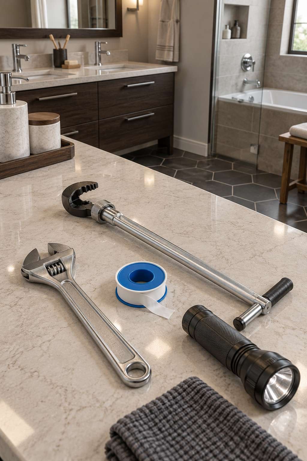 Tools laid out for replacing a bathroom faucet