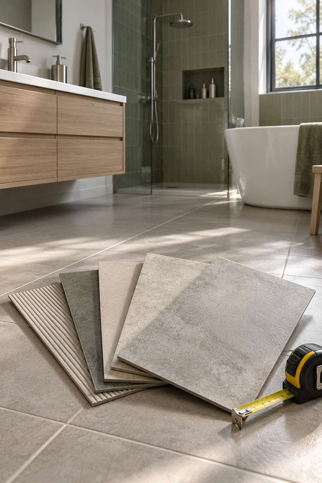 Porcelain and ceramic tile samples being compared for a bathroom floor