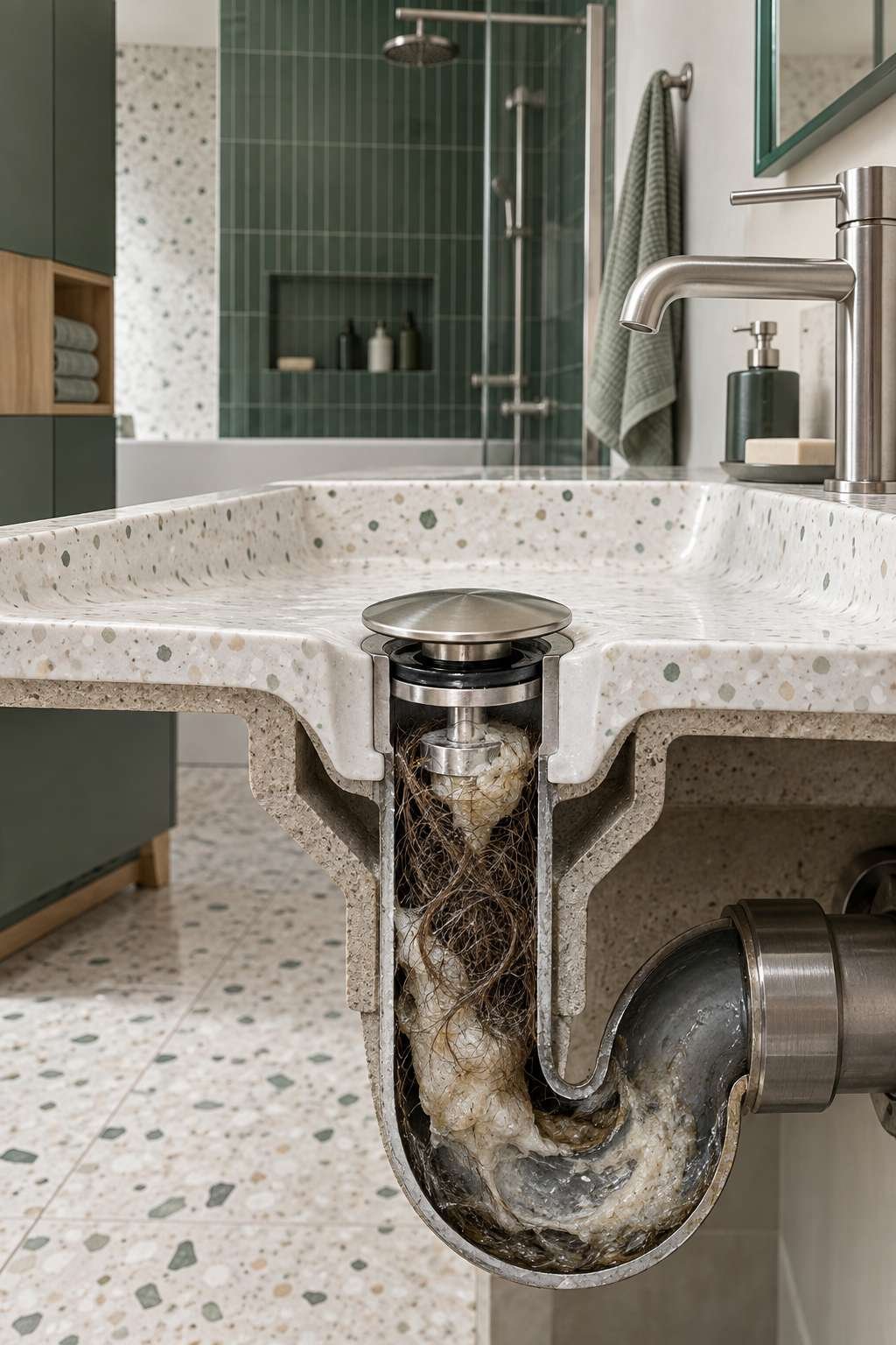Hair and soap scum buildup causing a bathroom sink clog near the stopper