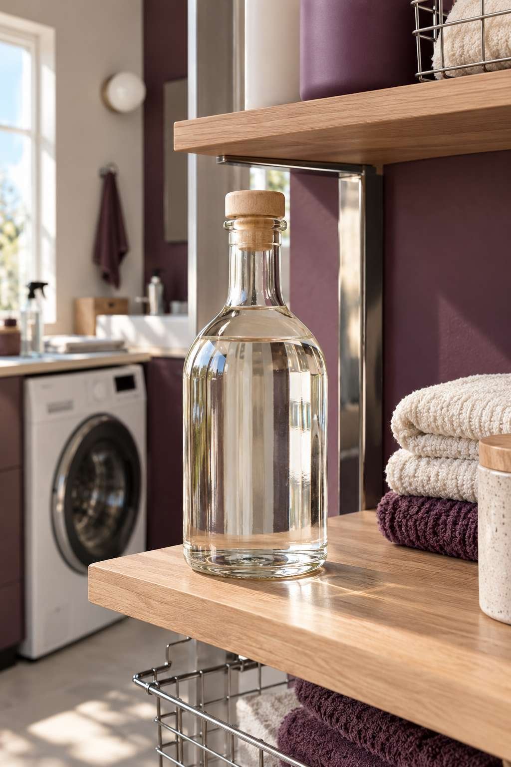 Glass bottle of vinegar highlighting its natural laundry cleaning properties