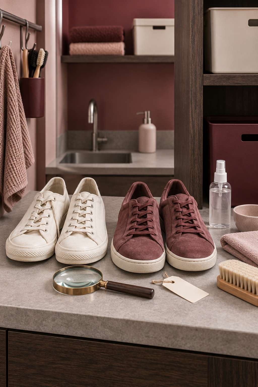 Comparing canvas and suede sneakers before machine washing