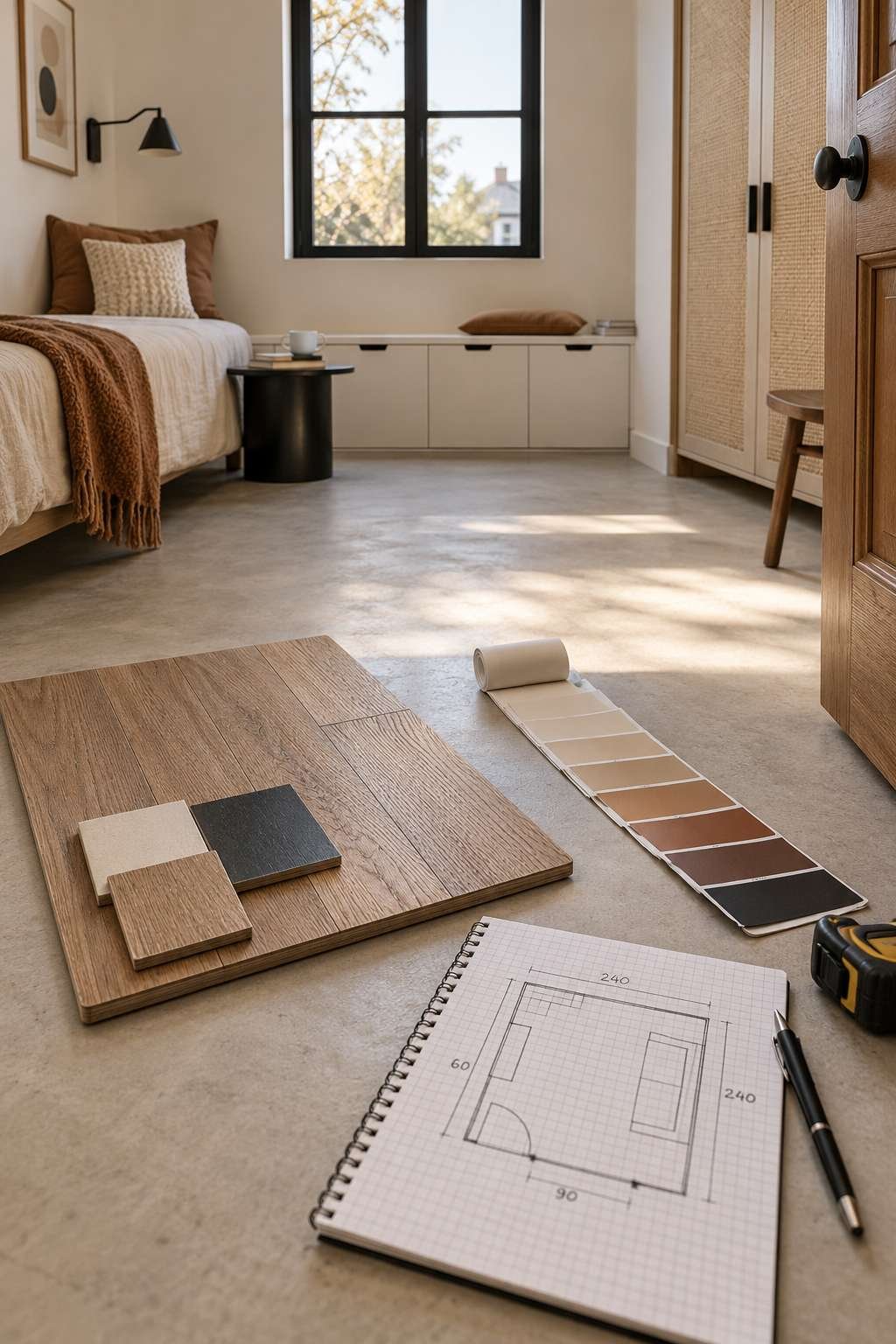 Flooring and paint samples paired with a room square-footage sketch
