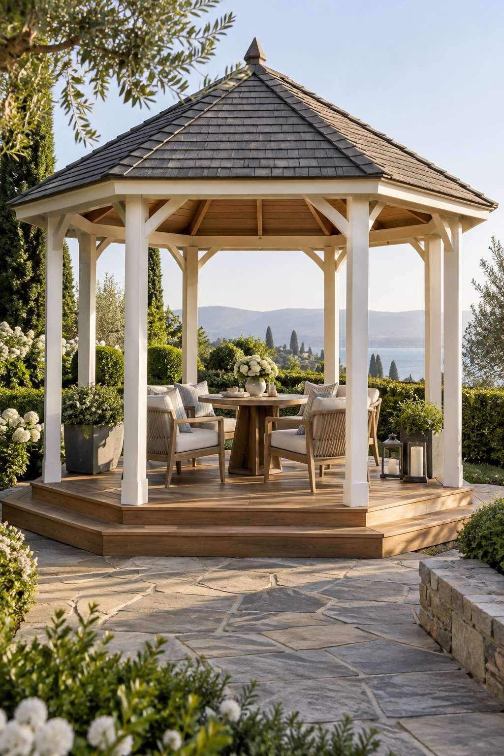 Hexagonal gazebo structure showing raised platform, open sides, and peaked roof