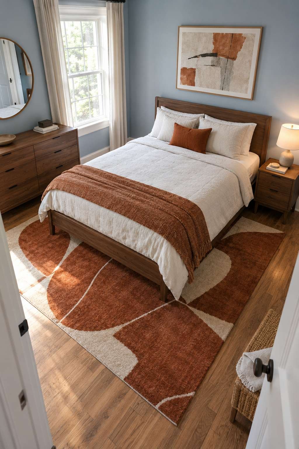Wide shot of a typical average-size bedroom in a US home