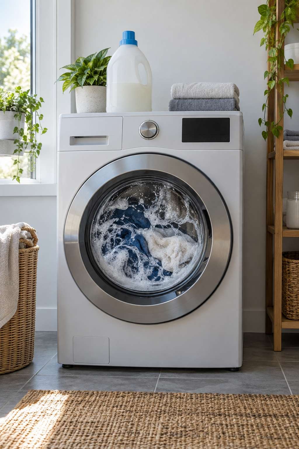 Washing machine with visible suds from too much detergent