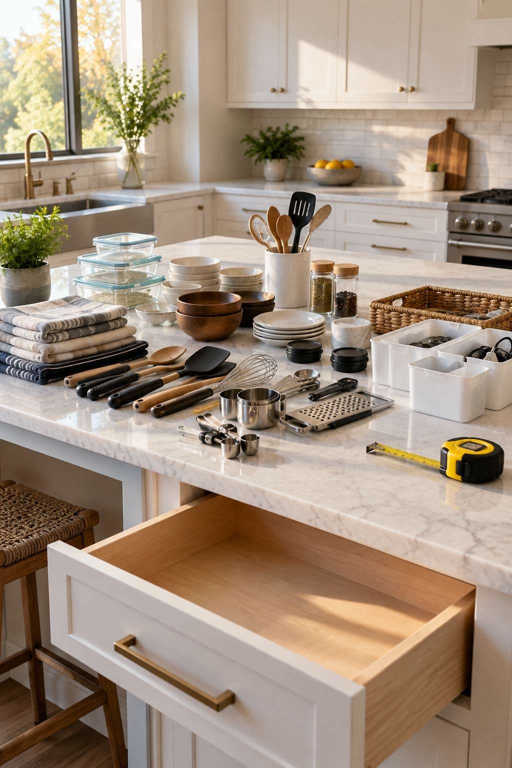 Kitchen counter with sorted drawer contents and measuring tape during a drawer assessment