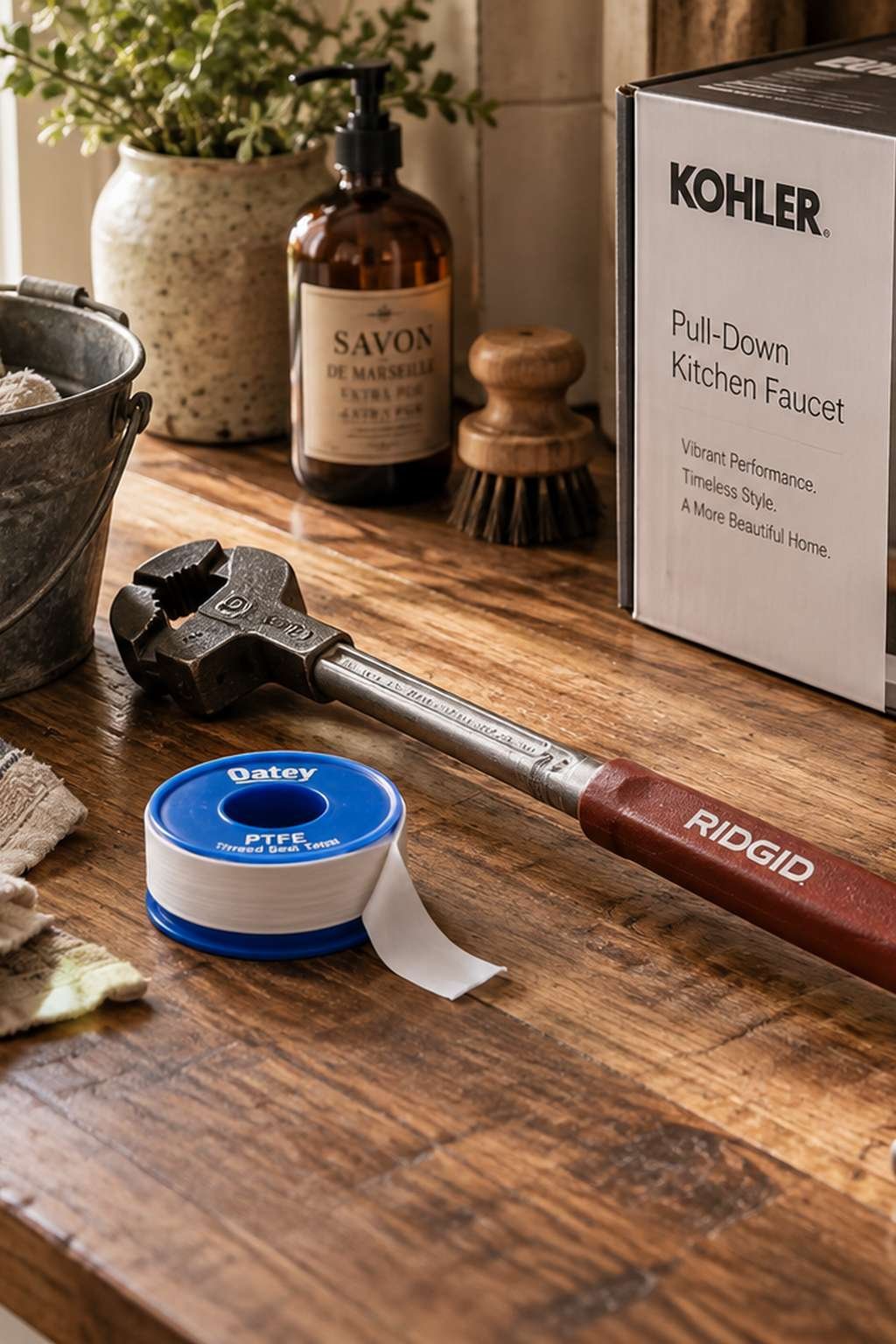 Basin wrench and plumbing tools laid out before a kitchen faucet installation