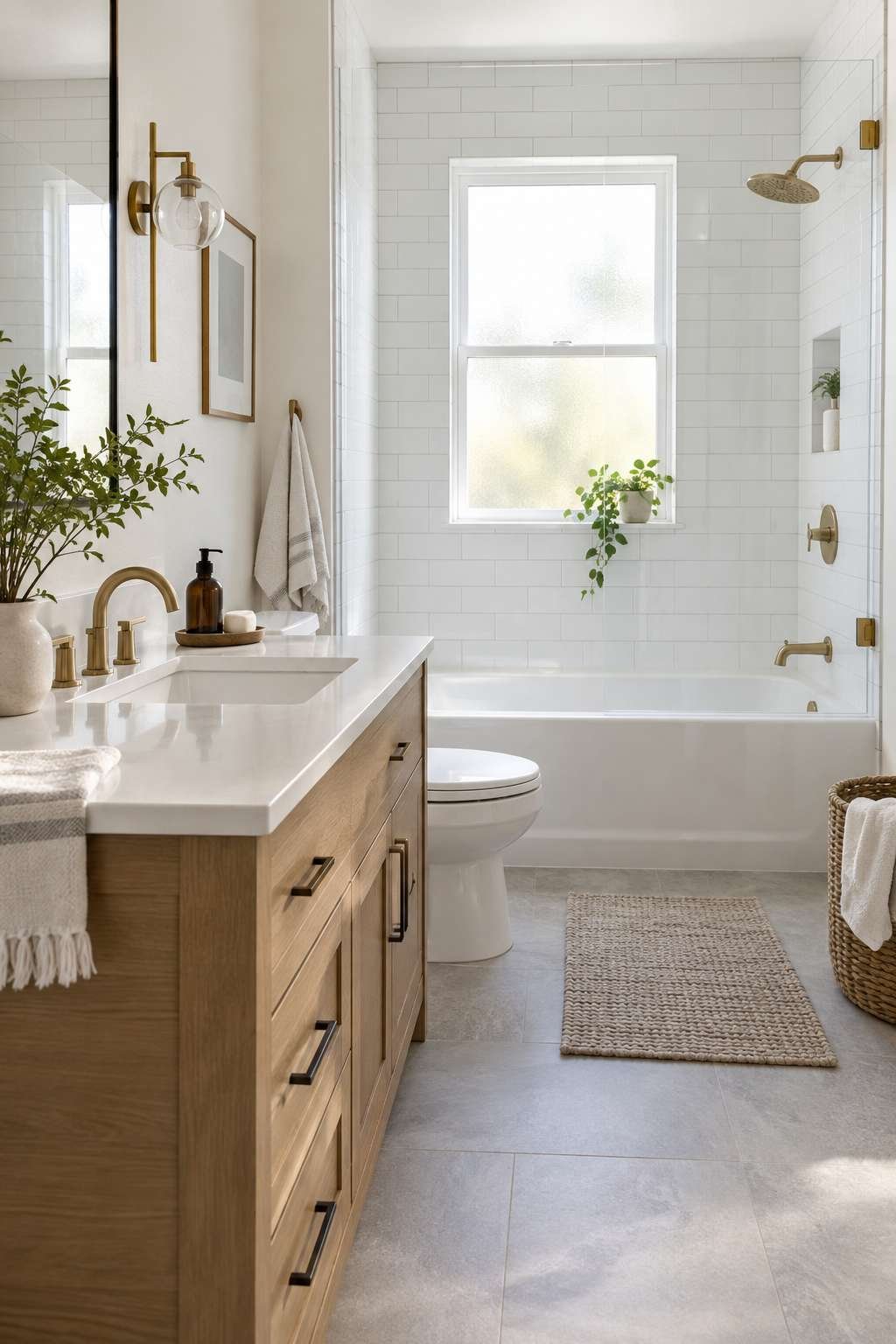 Midrange modern bathroom remodel with white subway tile and simple vanity showing typical remodel cost tier