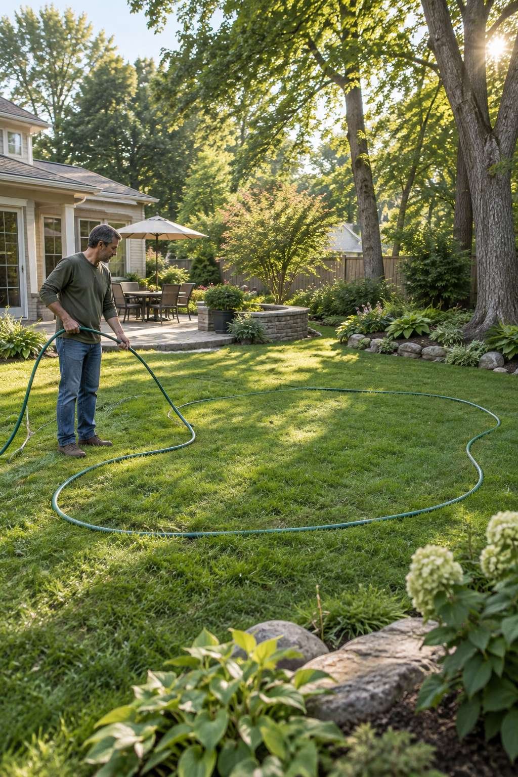 Homeowner planning a backyard pond location using a garden hose outline