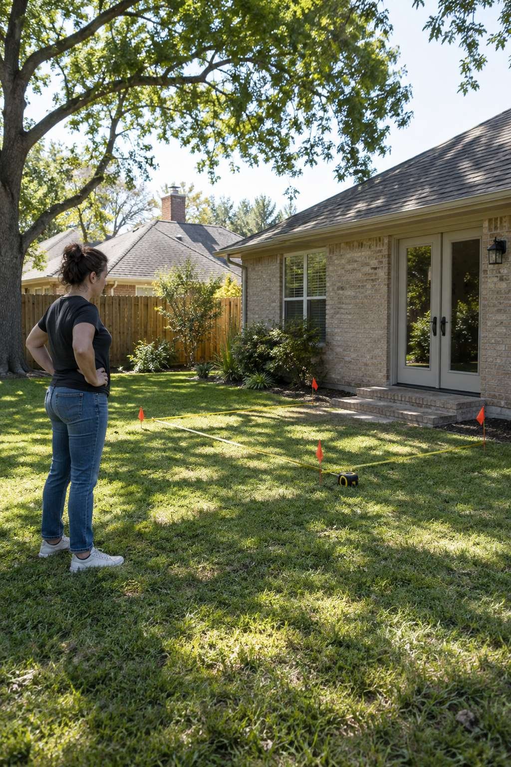 Homeowner marking out a future patio location in a sunny backyard with stake flags