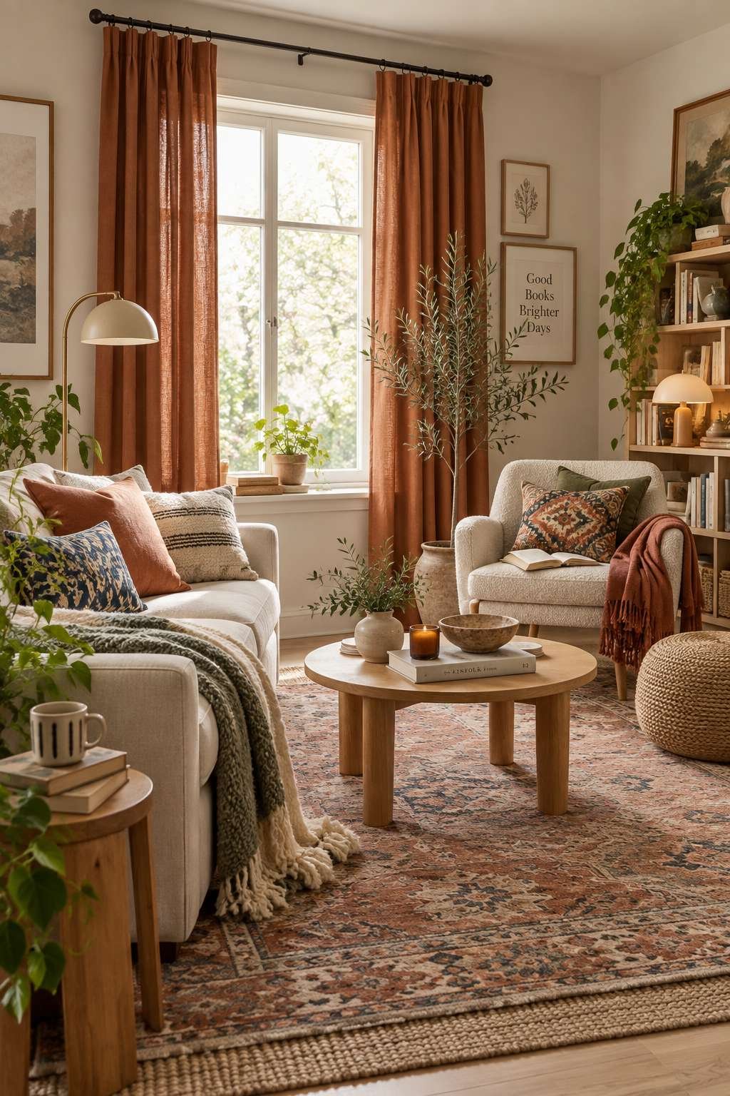 Eclectic living room styled with warm terracotta curtains and textiles