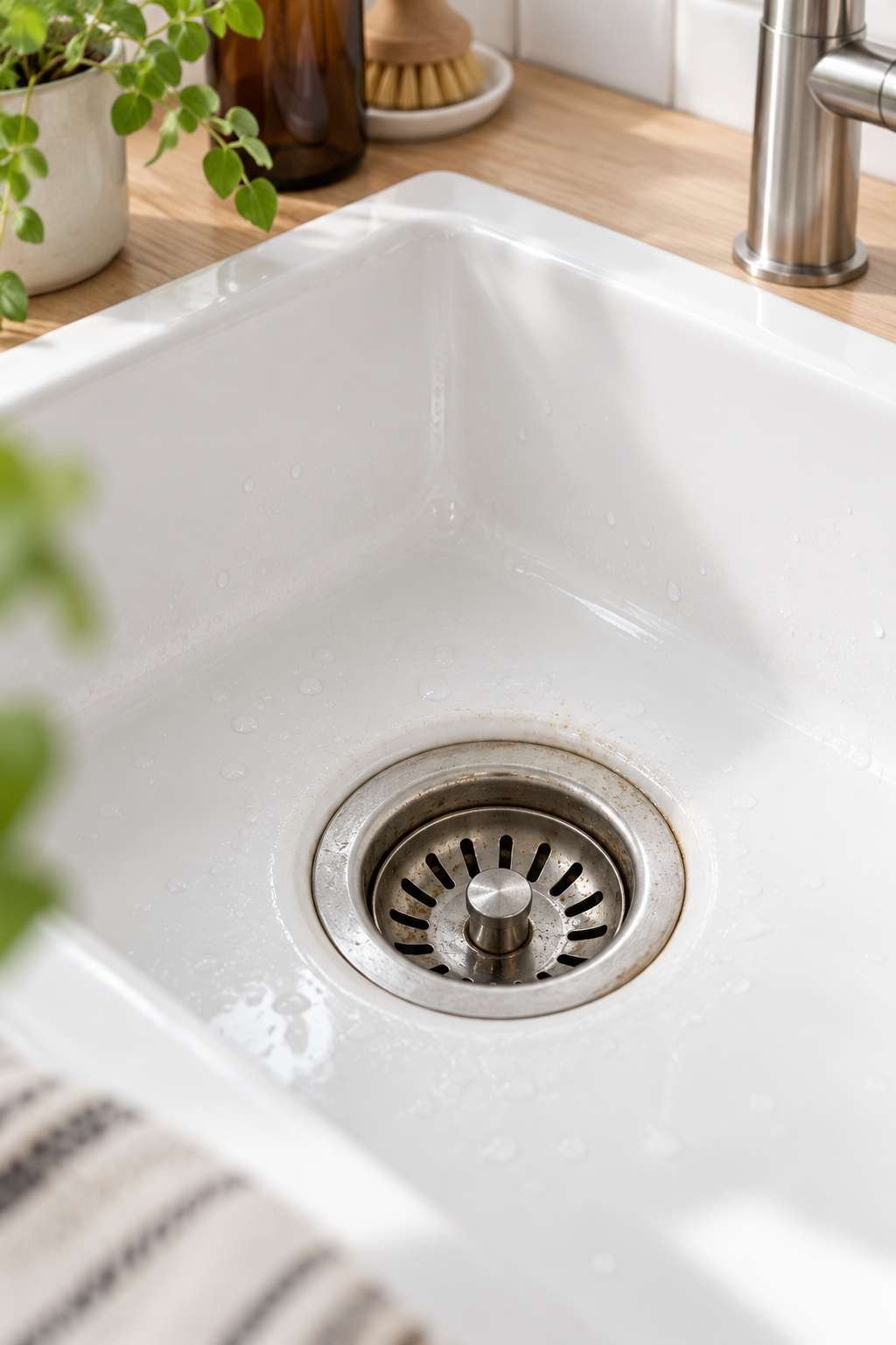 Close-up of a kitchen sink drain showing early signs of a clogged kitchen sink