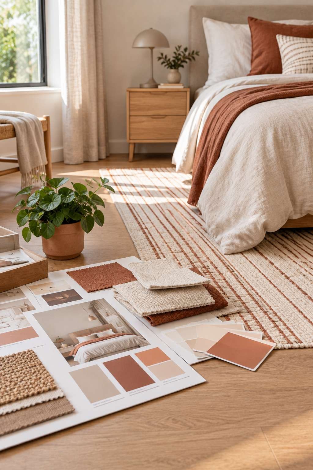Color palette planning for how to decorate a bedroom with paint swatches