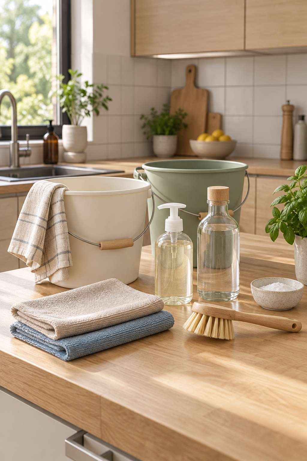 Flat lay of cleaning supplies for wood kitchen cabinets on a countertop