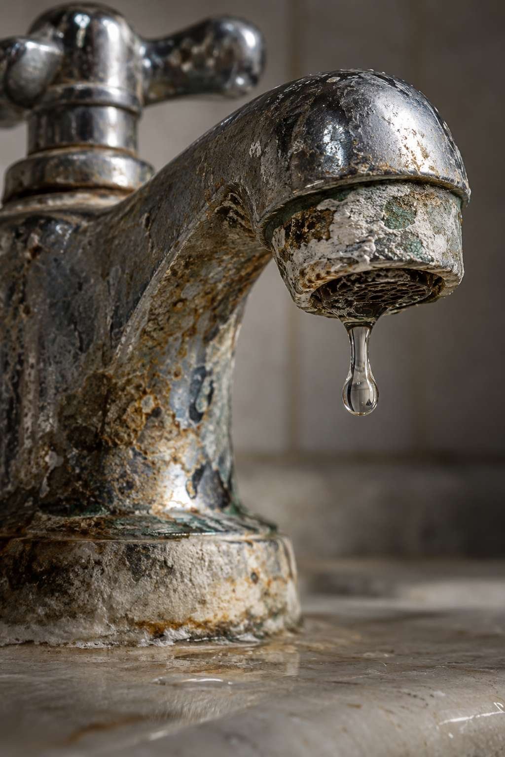 Corroded bathroom faucet showing signs it needs replacing
