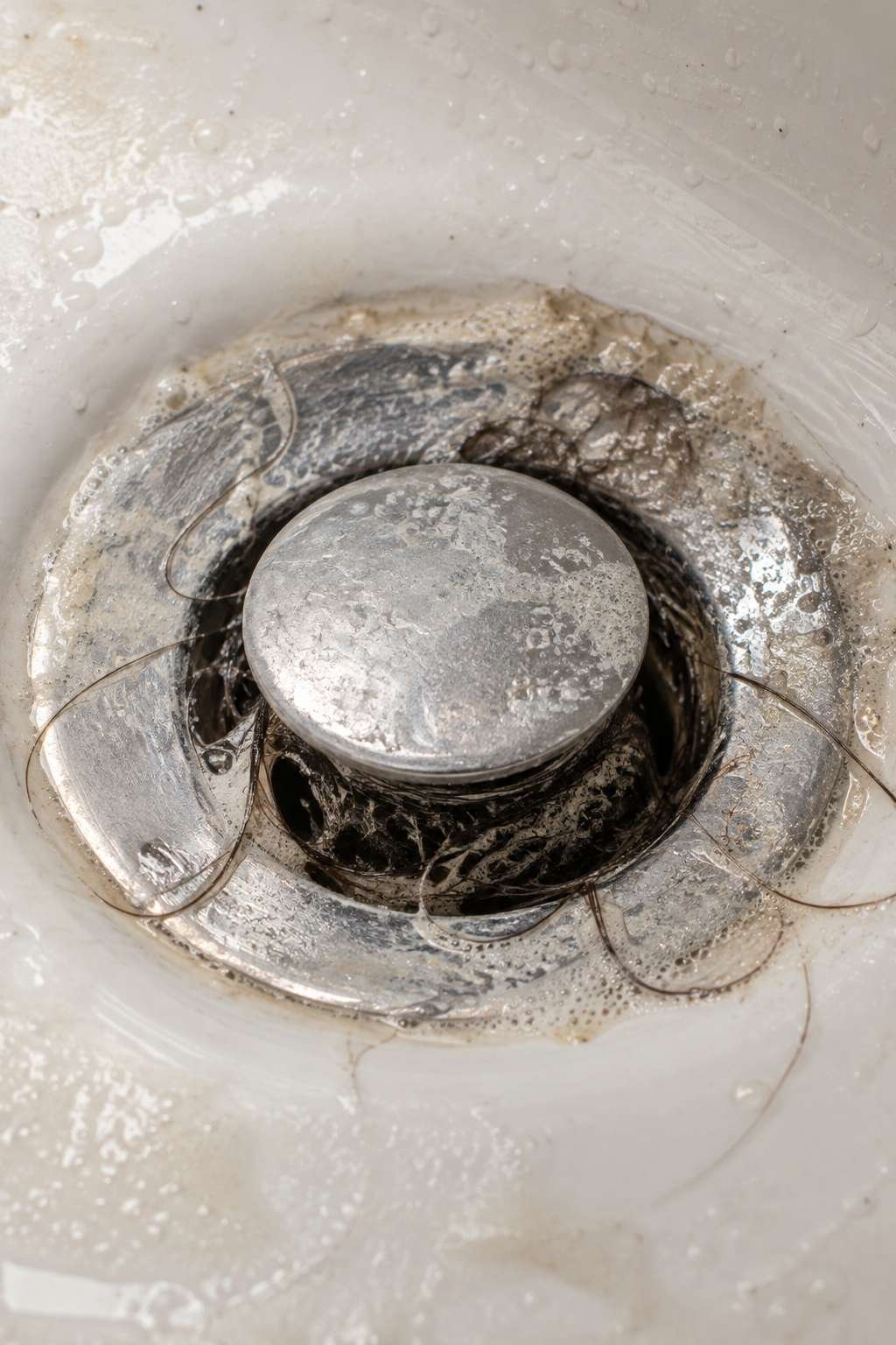 Soap scum and hair buildup inside a bathroom sink drain