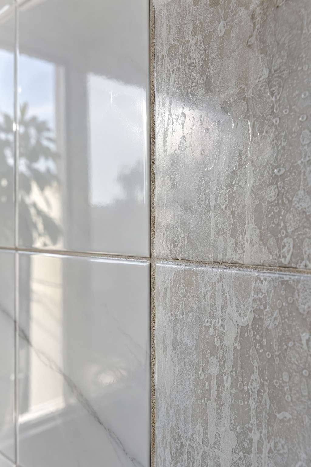 Comparison of clean tile versus tile with soap scum buildup