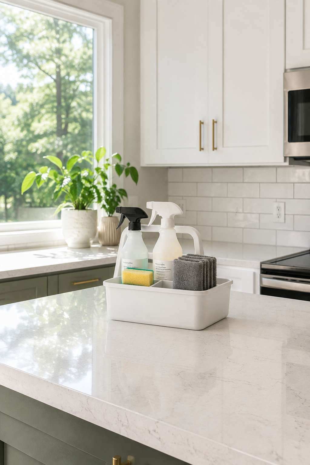 Clear kitchen counter with organized cleaning caddy, prepped for cleaning