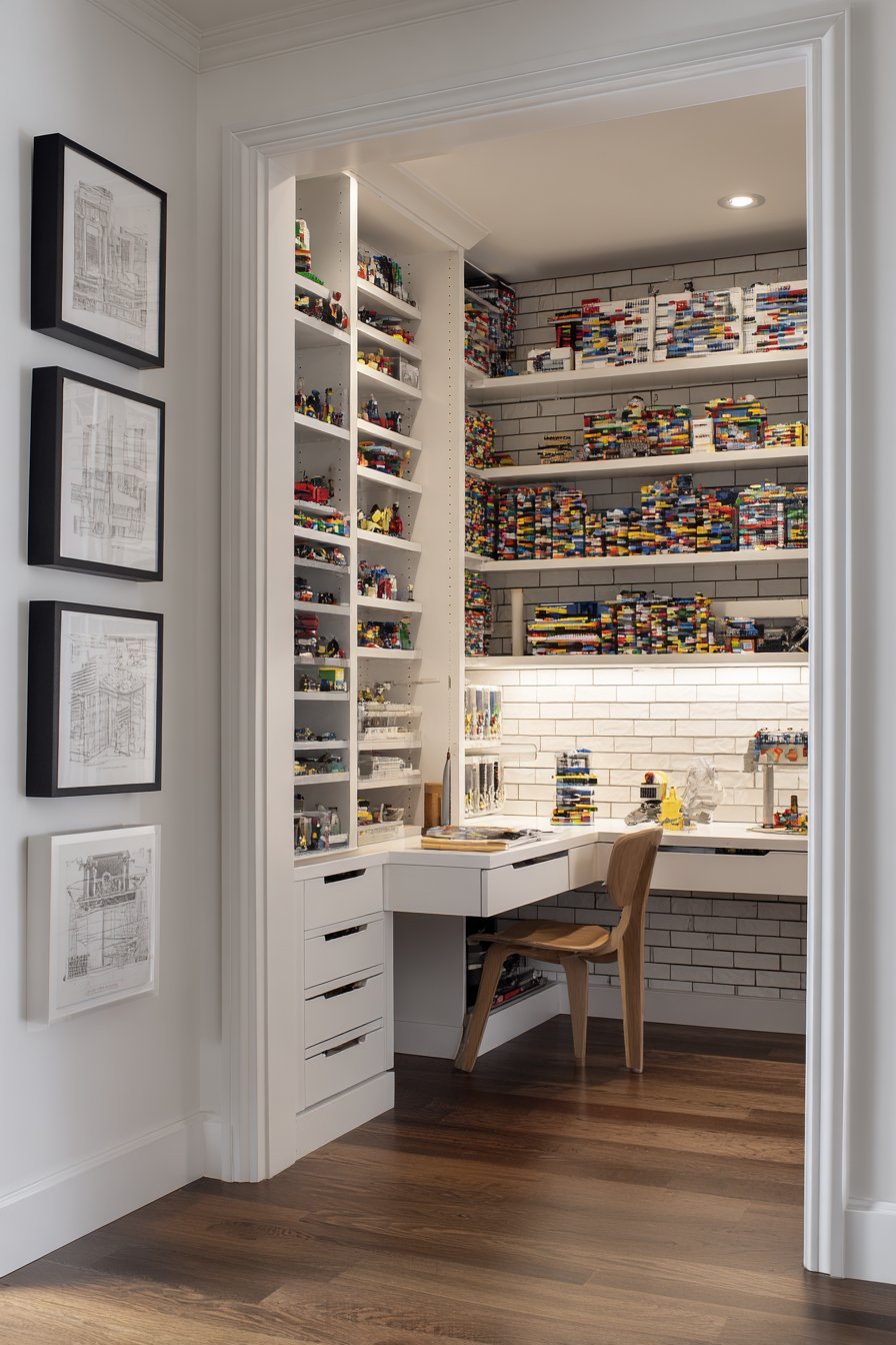 Reach-in closet turned Lego storage with white wire shelves, clear drawers, fold-down desk and magnetic door tins