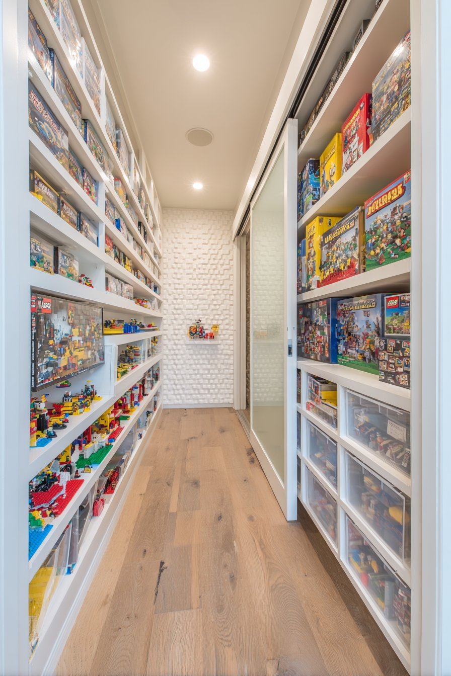 Reach-in closet turned Lego storage with white wire shelves, clear drawers, fold-down desk and magnetic door tins