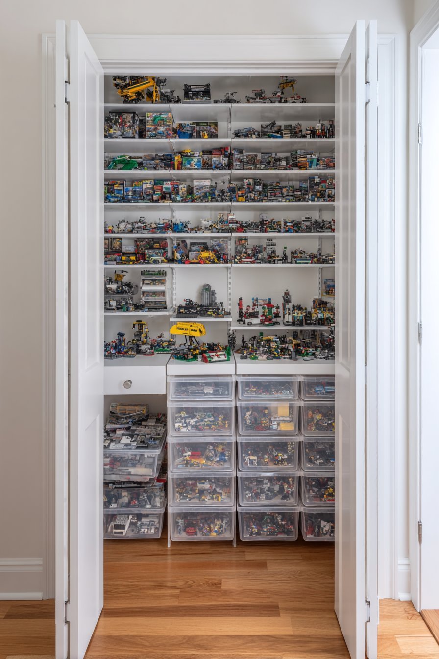 Reach-in closet turned Lego storage with white wire shelves, clear drawers, fold-down desk and magnetic door tins