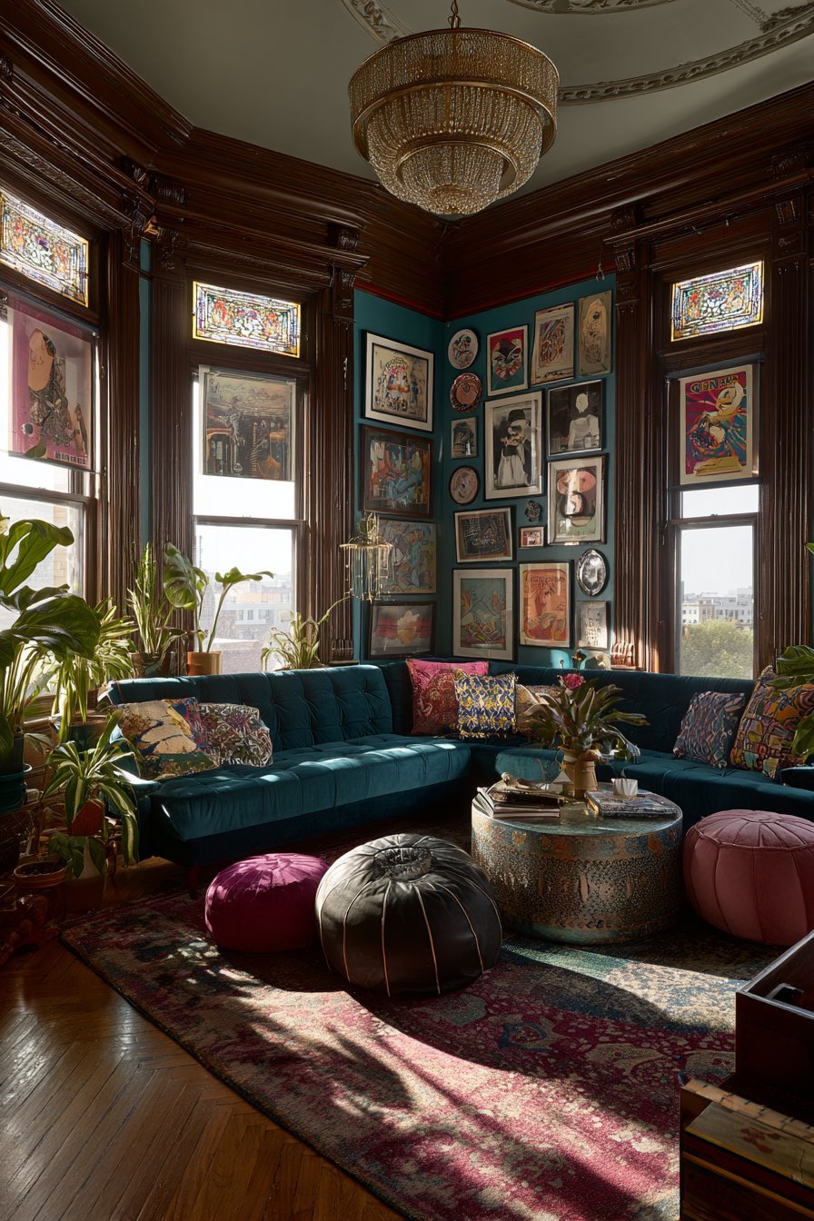 Maximalist living room with floor-to-ceiling mixed gallery wall, teal velvet sofa and colorful floor poufs