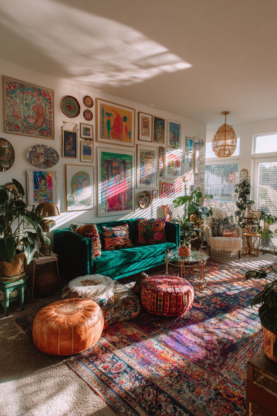 Maximalist living room with floor-to-ceiling mixed gallery wall, teal velvet sofa and colorful floor poufs