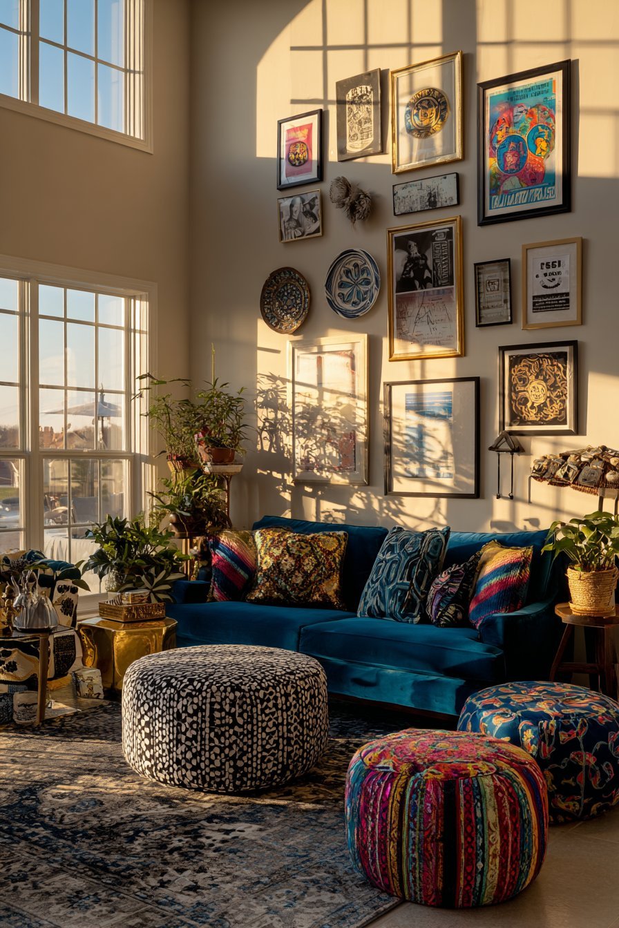 Maximalist living room with floor-to-ceiling mixed gallery wall, teal velvet sofa and colorful floor poufs