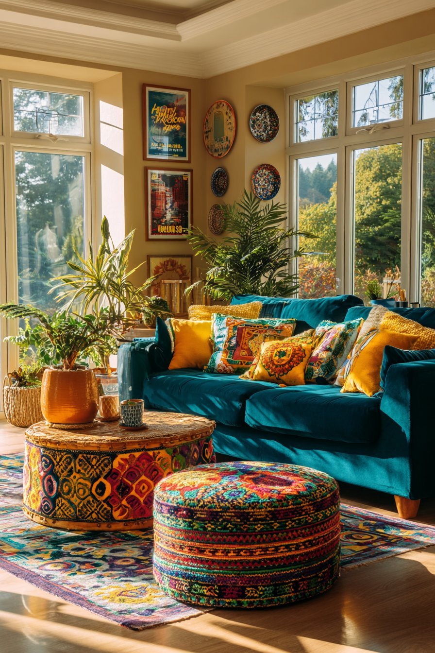 Maximalist living room with floor-to-ceiling mixed gallery wall, teal velvet sofa and colorful floor poufs