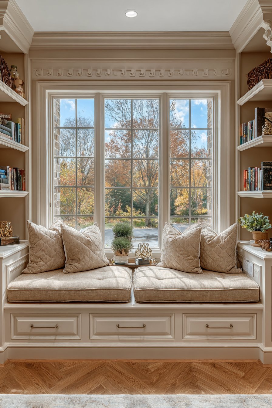 Two beige linen window seat benches with hinged storage and floating shelves flanking a window