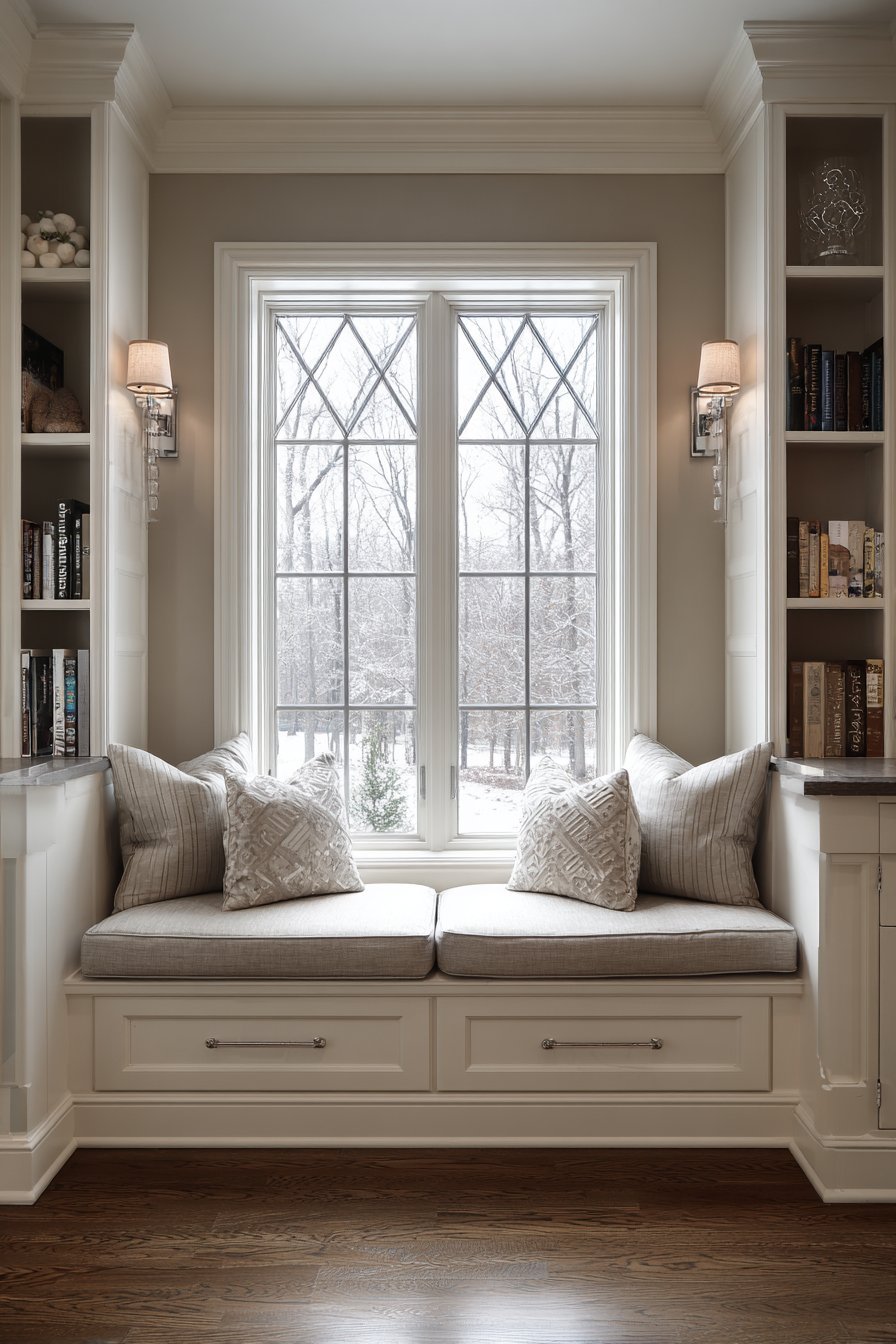 Two beige linen window seat benches with hinged storage and floating shelves flanking a window