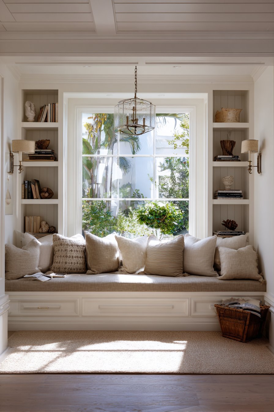 Two beige linen window seat benches with hinged storage and floating shelves flanking a window