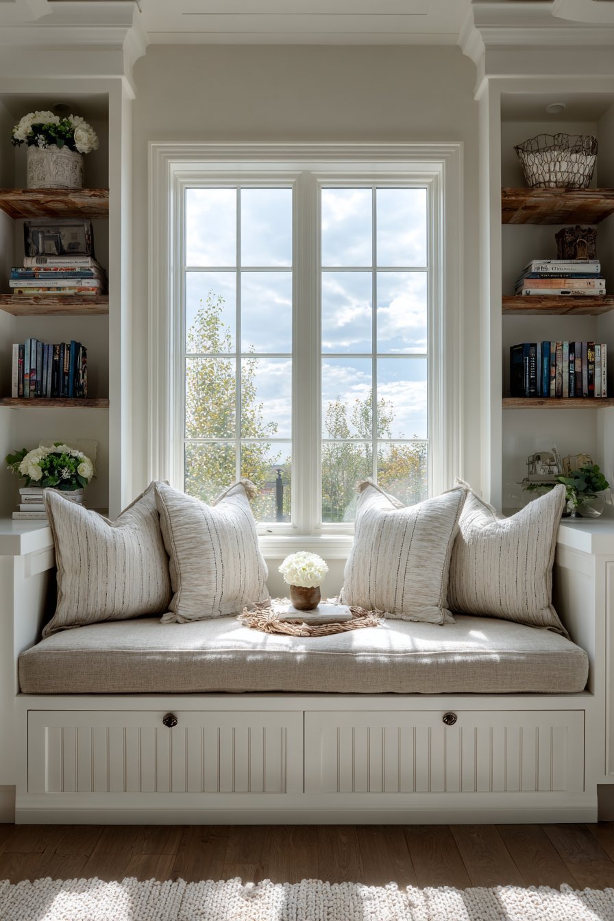 Two beige linen window seat benches with hinged storage and floating shelves flanking a window