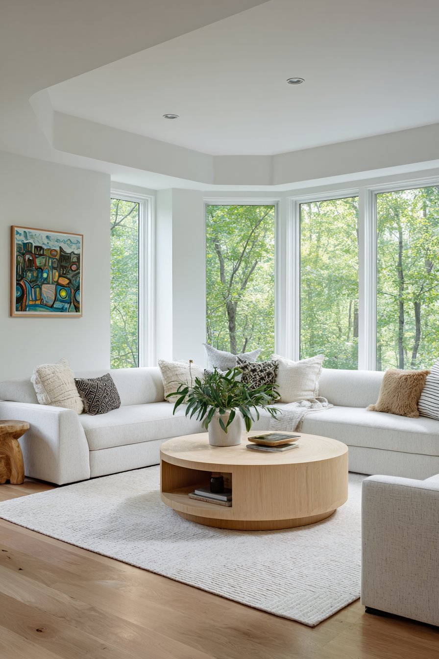 Built-in grey wool bench seating around a round light oak coffee table with white painted brick walls