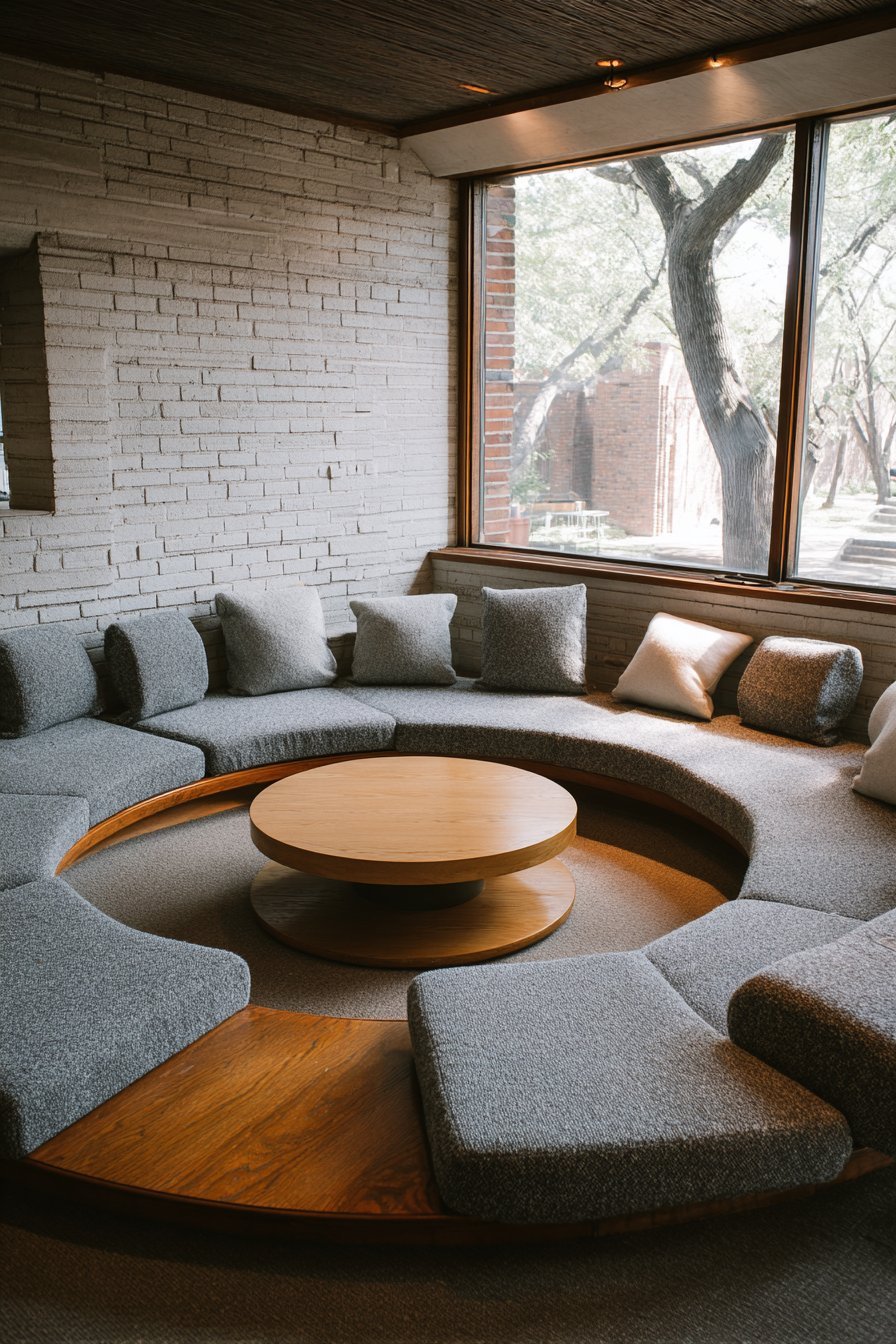 Built-in grey wool bench seating around a round light oak coffee table with white painted brick walls