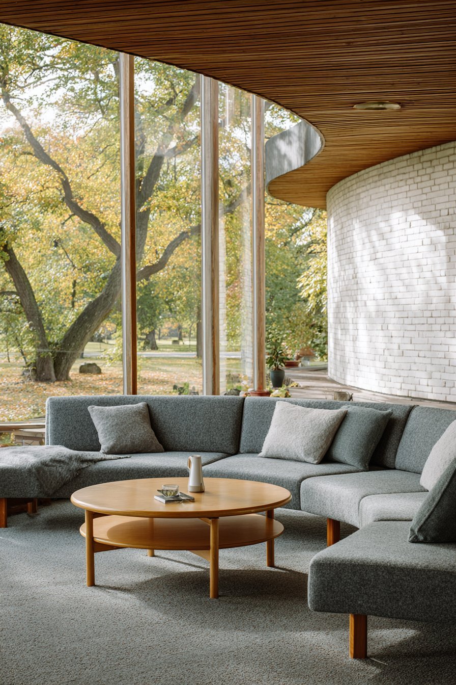 Built-in grey wool bench seating around a round light oak coffee table with white painted brick walls