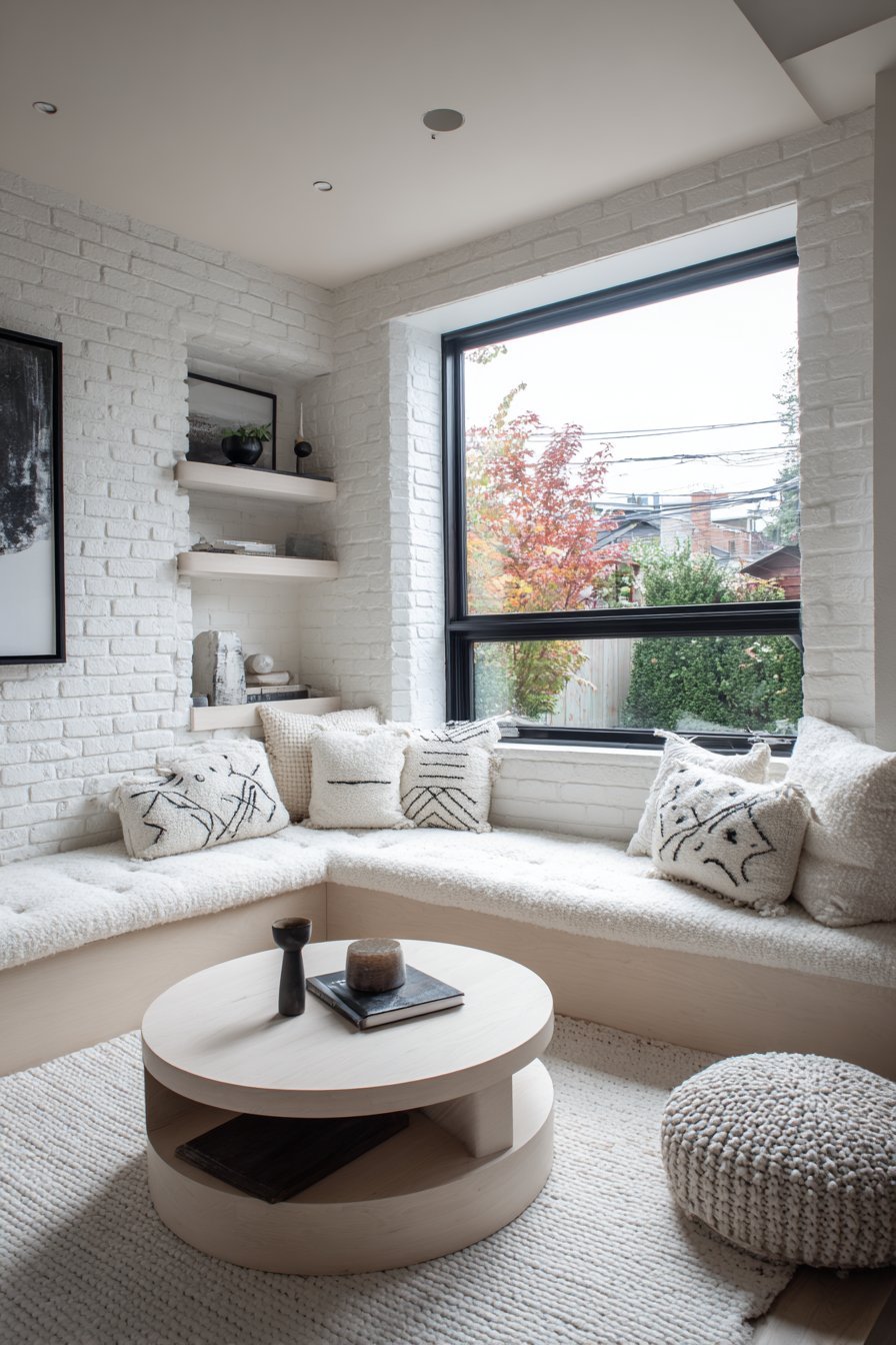 Built-in grey wool bench seating around a round light oak coffee table with white painted brick walls