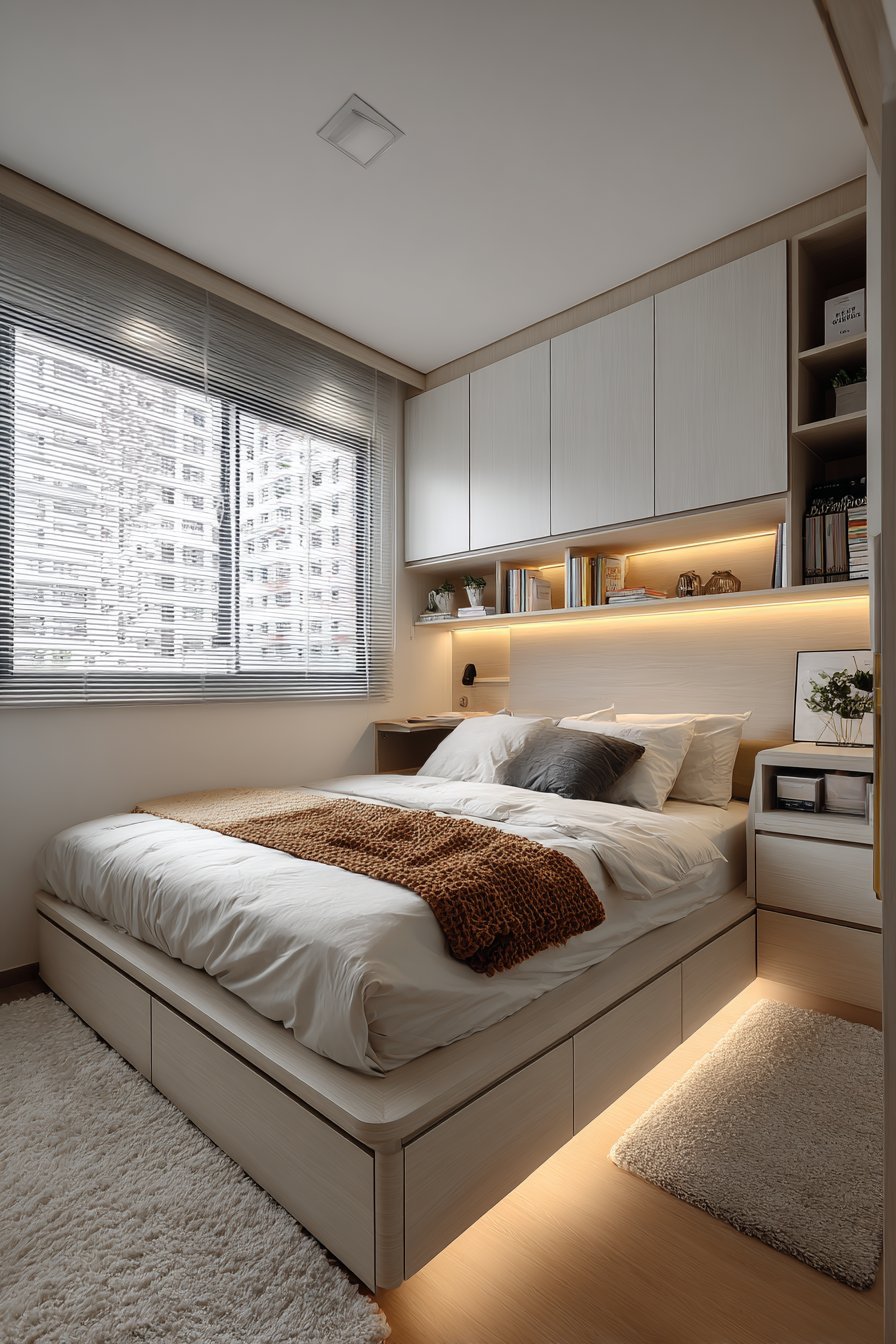 Built-in headboard storage with open cubbies, closed cabinets and LED strip lighting in grey