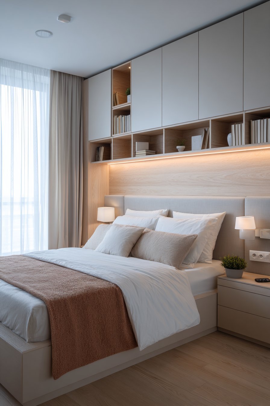 Built-in headboard storage with open cubbies, closed cabinets and LED strip lighting in grey