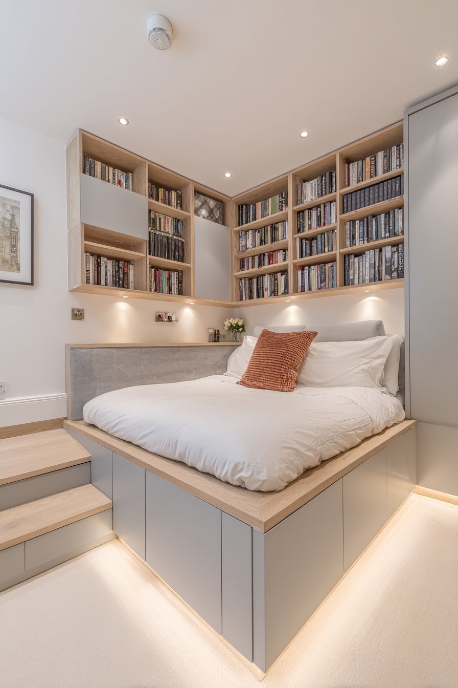 Built-in headboard storage with open cubbies, closed cabinets and LED strip lighting in grey