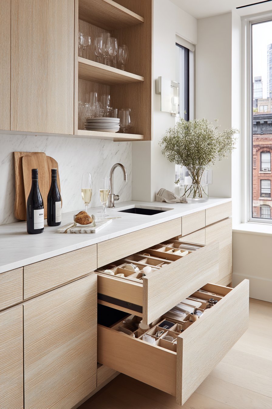 Open drawer with custom dividers beside glass-front oak upper cabinets and white solid surface counters