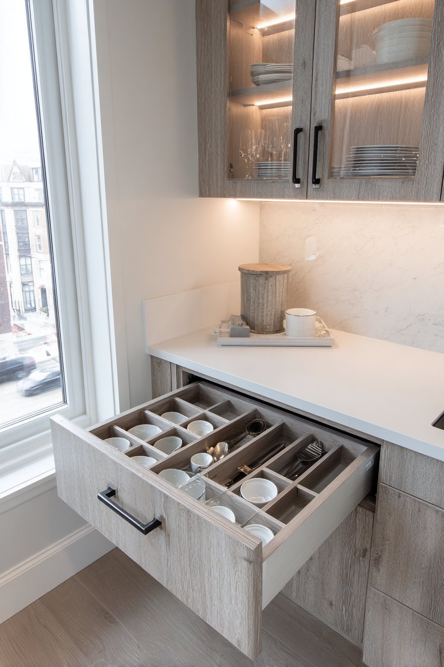 Open drawer with custom dividers beside glass-front oak upper cabinets and white solid surface counters