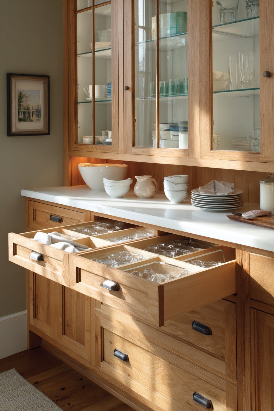 Open drawer with custom dividers beside glass-front oak upper cabinets and white solid surface counters
