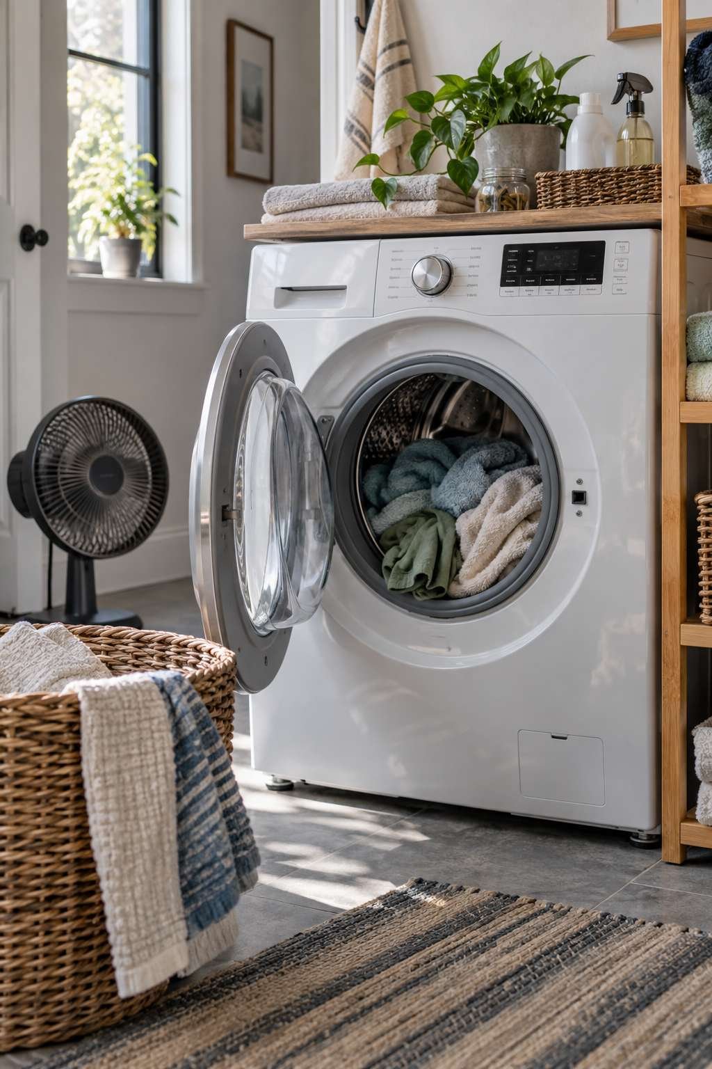 Washing machine door left open with damp laundry sitting inside after a cycle