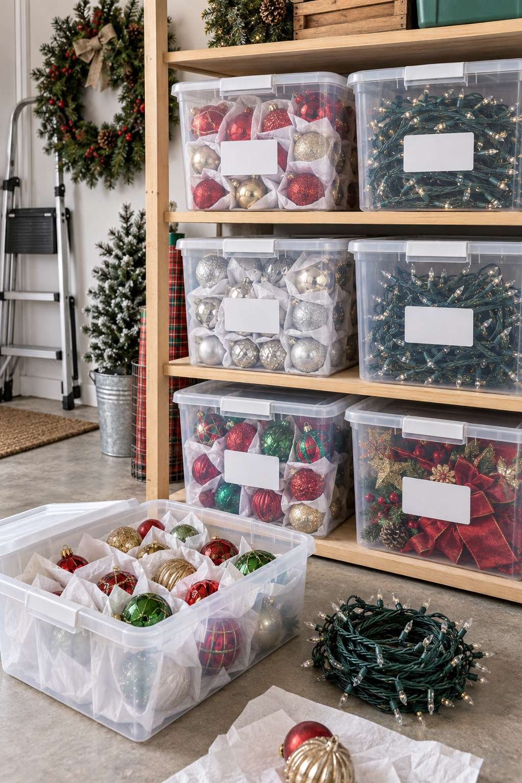 Labeled bins for storing Christmas decorations
