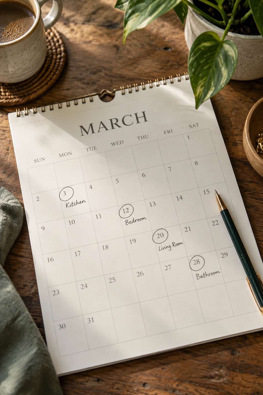Calendar marked with a rotating room-by-room deep-cleaning schedule
