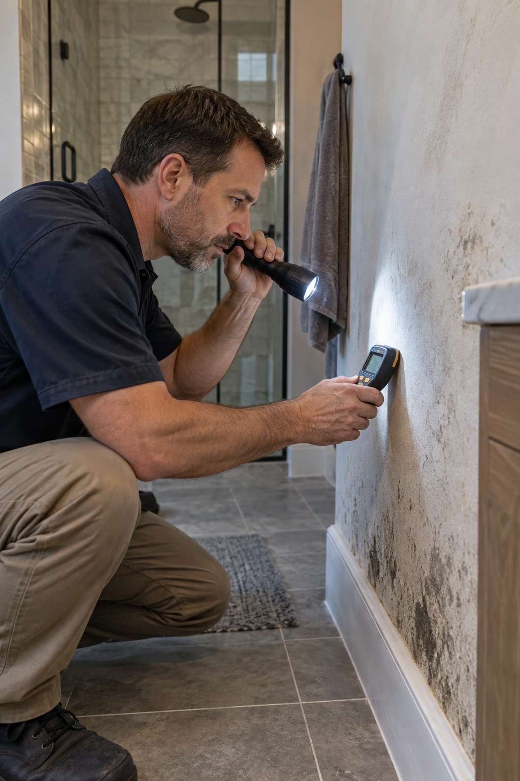 Professional inspecting a bathroom wall for hidden mold and moisture