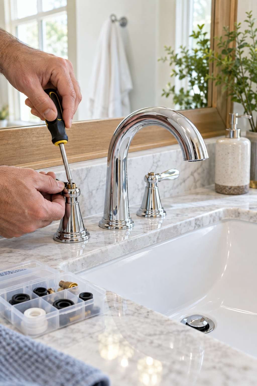 Bathroom faucet repair kit kept on hand for future maintenance