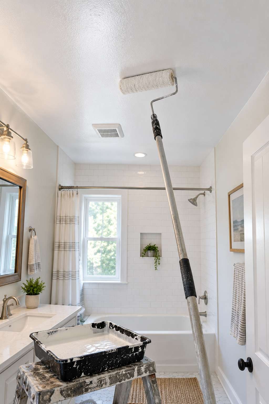 Freshly painted bathroom ceiling after mould treatment