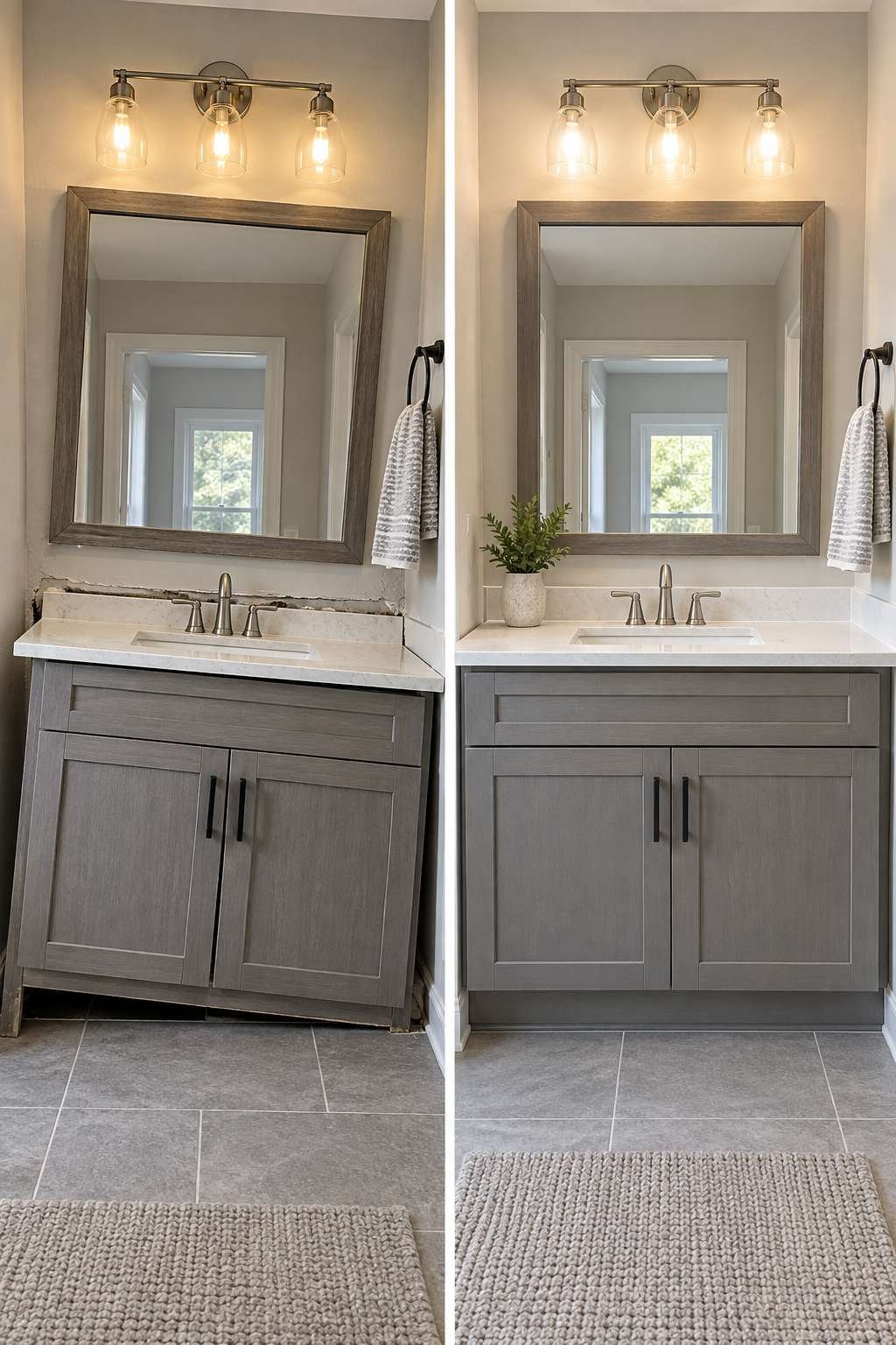Comparison of a poorly installed vanity versus a properly leveled and sealed one